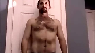 Hairy bearded stud Weasel cums while masturbating solo